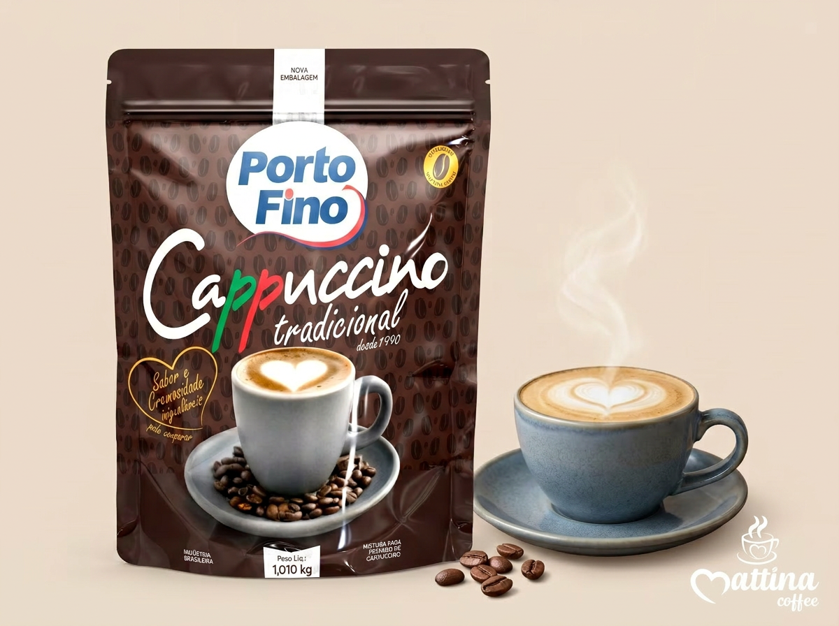 Box Pouch de cappuccino 1kg Porto Fino — fornecedor de cappuccino solúvel premium no atacado para cafeterias e padarias em todo o Brasil